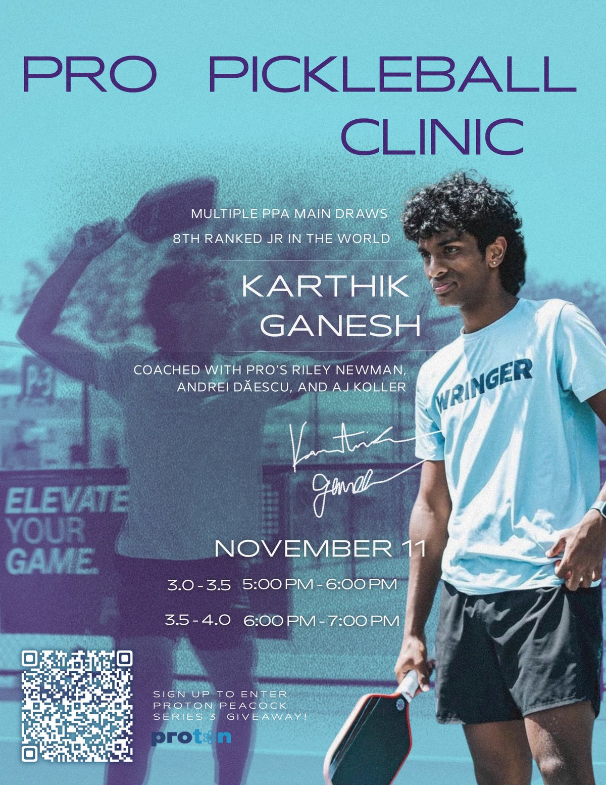 Pro Pickleball Clinic with Karthik Ganesh, November 11, 3.0-3.5 at 5-6 PM and 3.5-4.0 at 6-7 PM